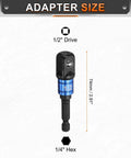 Impact Driver Socket Adapter Extension Set 4 Piece Half Inch Square Drive To Quarter Inch Hex Shank Universal Fit For Screwdrivers And Power Drills Beefy Built Tough Heavy Duty High Carbon Steel Nickel Plated Durable And Rust Resistant shown in size dimensions.