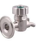 DERNORD stainless beer sampling valve with 1.5 inch tri-clamp end, angled front view