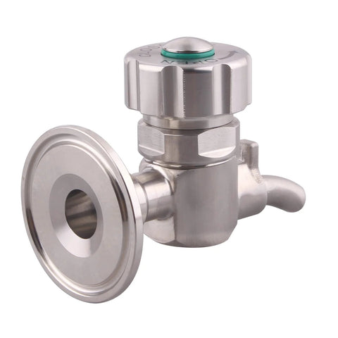 DERNORD stainless beer sampling valve with 1.5 inch tri-clamp end, angled front view