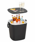 3-In-1 Resin Ice Bucket And Beverage Cooler Table For Outdoors With Lift Top Lid Wood-Look Side Table UV Protected And Drain Plug Party-Ready Poolside Patio Bar Entertaining Dark Black with bottles and ice, removable lid.