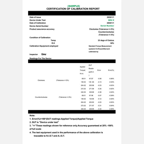 Sample certification of calibration report for a torque wrench, showing test results and device accuracy measurements.