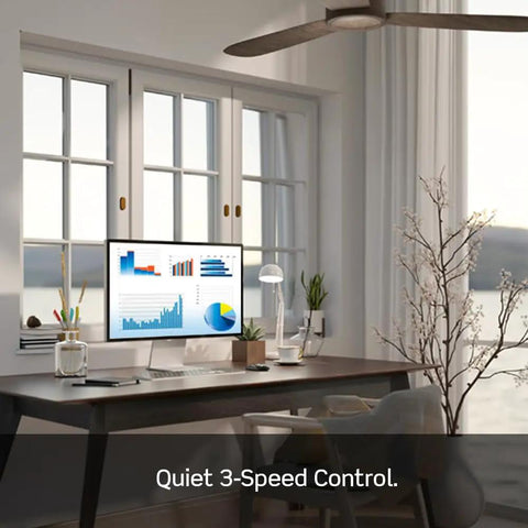 Home office with Quiet 3 Speed Ceiling Fan Wall Switch With Slider Control, modern design, bright window view.