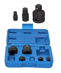 Eight Piece Pneumatic Sleeve Adapter Set Double Ended Socket Reducers For Quick Vehicle Repairs Three Eighths To One Quarter Inch And One Half To Three Quarters Inch Size Transitions In One Kit Chrome Vanadium Steel With Handy Toolbox, open blue case displaying adapters