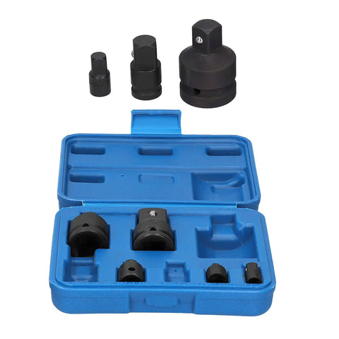 Eight Piece Pneumatic Sleeve Adapter Set Double Ended Socket Reducers For Quick Vehicle Repairs Three Eighths To One Quarter Inch And One Half To Three Quarters Inch Size Transitions In One Kit Chrome Vanadium Steel With Handy Toolbox, open blue case displaying adapters