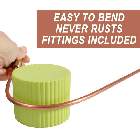 Copper brake line tubing kit, 25 ft, 3/16 in, hand-bendable with SAE fittings, looping around lime-green cap.