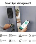 Person using Smart Door Lock With WiFi And Bluetooth Gateway, No Keys Needed Keyless Entry With Code, Fingerprint And Keypad Deadbolt For Front Door, App Remote Control, Auto Lock, Easy Install In Minutes, Black, on gray door.