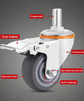Heavy Duty Swivel Caster Wheels With Brakes Noiseless Rubber Castors, side view showing threaded stem and brake features