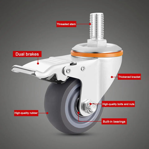Heavy Duty Swivel Caster Wheels With Brakes Noiseless Rubber Castors, side view showing threaded stem and brake features