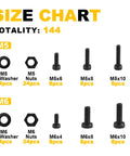 Size chart for 144 Piece M5 M6 Socket Head Cap Screws Kit With Nuts, Washers, And Allen Wrench In Black Carbon Steel