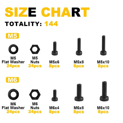 Size chart for 144 Piece M5 M6 Socket Head Cap Screws Kit With Nuts, Washers, And Allen Wrench In Black Carbon Steel