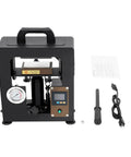 Ten Ton Hydraulic Shop Press With 400 Degree Aluminum Heating Plates And Digital Timer Control For Beefy Benchtop Projects shown with pressure gauge and electric cord.