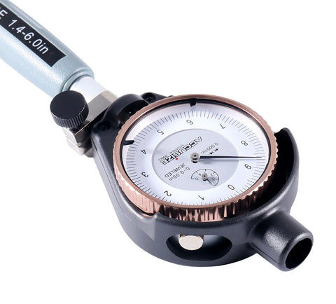 Accusize dial bore gauge set with 1.4-6 in range and copper bezel, close-up view