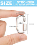 Hand holding a single 1.5-inch stainless steel quick link carabiner, detailed measurements annotated, part of 10 Pack 1.5 Inch 304 Stainless Steel Quick Links Locking Carabiner Chain Repair Links 175 Lbs Capacity for Outdoor Gear.