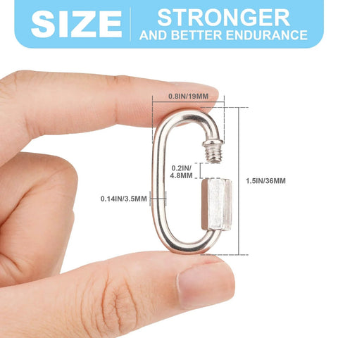 Hand holding a single 1.5-inch stainless steel quick link carabiner, detailed measurements annotated, part of 10 Pack 1.5 Inch 304 Stainless Steel Quick Links Locking Carabiner Chain Repair Links 175 Lbs Capacity for Outdoor Gear.
