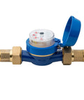 One Inch Irrigation Flow Meter For Sprinklers With Real Time Water Usage Data And Leak Alerts, blue device with brass fittings