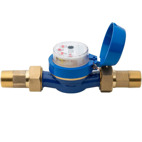 One Inch Irrigation Flow Meter For Sprinklers With Real Time Water Usage Data And Leak Alerts, blue device with brass fittings