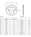 Diagram and size chart for External Retaining Ring Kit 580 Pcs And 1000 Pcs Set Black Carbon Steel Circlips for M1.2 to M15 shafts.