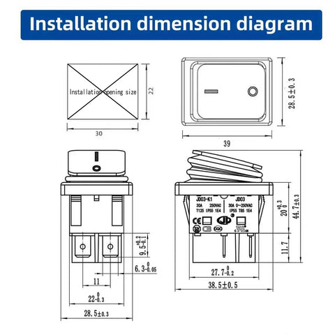 Installation dimension diagram for Two Pack 30A Waterproof Rocker Switch 125V/250V AC On Off DPST Toggle With Red LED 4 Pins