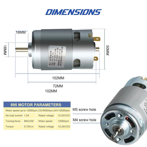Dimensions of Beefed Up 3 Jaw Self Centering Lathe Chuck 50mm Spindle Motor Kit with detailed motor parameters.