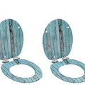 Built Tough Smooth Soft Close Toilet Seat Set Featuring Rustic MDF Wood Finish And Rock Solid Zinc Hinges For Quick No Sweat Bathroom Refresh Upgrade, displayed from front angle.