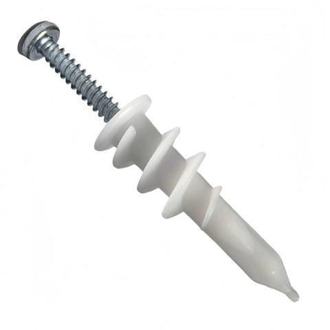 Heavy Duty Self Drilling Drywall Anchors With Screws For No Sweat Quick Snap Installation Into Hollow Walls Perfect For Hooking Up TVs And Bulky Shelves Pack Of Four, white anchor with metal screw.