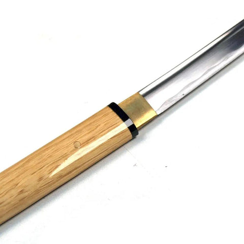 Close-up of Handmade Japanese Shirasaya Samurai Katana With 26.5 Inch Carbon Steel Blade showing natural wood handle.