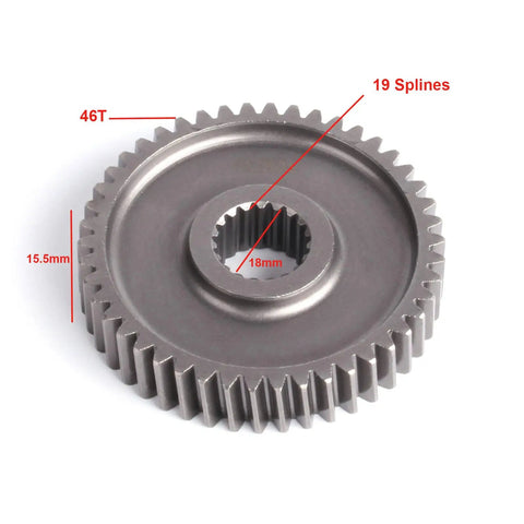 Beefed Up Final Drive Gear Set For GY6 Engines With 2.555 To 1 Ratio 18T 46T Upgrade showing 46T gear and dimensions.