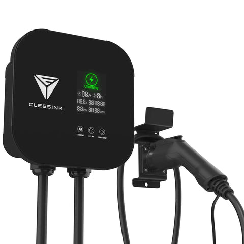 Level 2 EV Charger With 40A 240V Output And NEMA 14-50 Plug, sleek black design with digital display and charging cable.