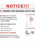 Image with bold notice on ironing board covers that do not fit boards with hinges, highlighting types that are incompatible.