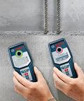 Wall Scanner For Studs Metal And Live Wiring With Center Finder Multi Mode Detection Green Orange Red Status Ring shown in use.