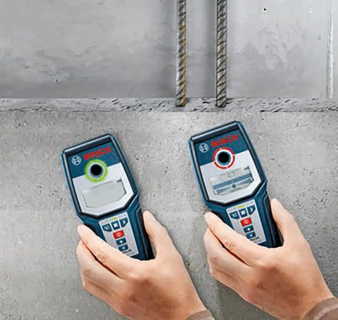 Wall Scanner For Studs Metal And Live Wiring With Center Finder Multi Mode Detection Green Orange Red Status Ring shown in use.