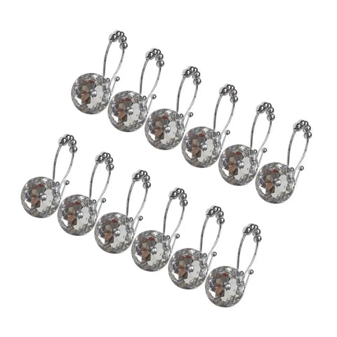 Clear sparkle shower curtain hooks in a 12-pack, arranged in a grid, perfect for holding curtains and liners securely.