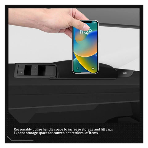 High Quality Abs Door Handle Storage Box For Tesla Cybertruck 2024 Dash Console Organizer Tray demonstrating phone storage capability.