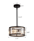 Crystal Drum Pendant Light Fixture With 3 Lights In Black Finish Adjustable Height, cylinder shape, dimensions labeled