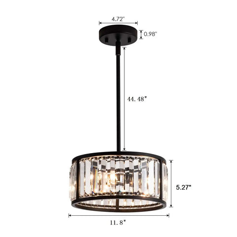 Crystal Drum Pendant Light Fixture With 3 Lights In Black Finish Adjustable Height, cylinder shape, dimensions labeled