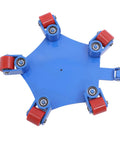 Heavy Duty Machine Skates For Moving Heavy Equipment With 360 Swivel Rollers And Steel Wheels, showing blue base and 5 red PU rollers.