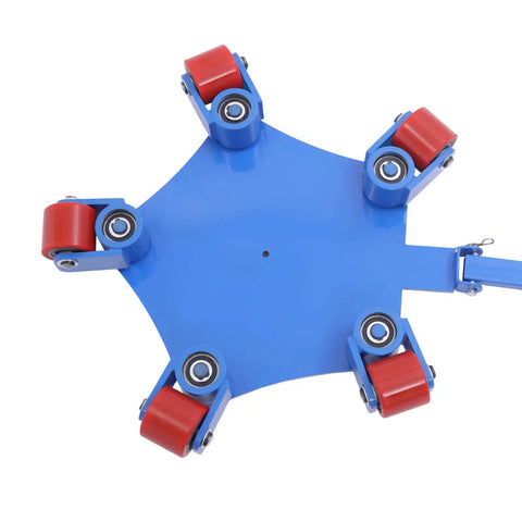 Heavy Duty Machine Skates For Moving Heavy Equipment With 360 Swivel Rollers And Steel Wheels, showing blue base and 5 red PU rollers.