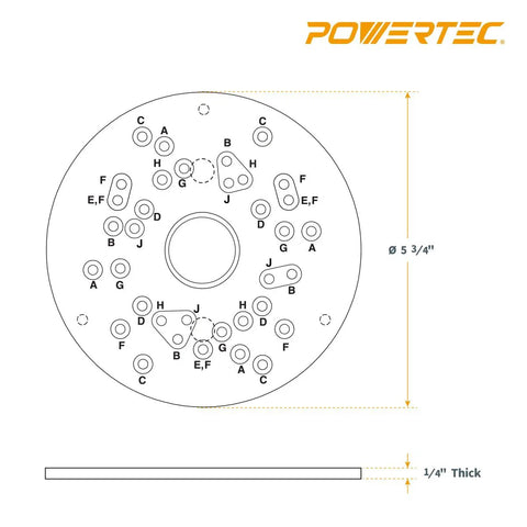 Killer Heavy Duty Ten Piece Router Template Bushing Guide Set With Centering Pin And Cone Tool For Smooth Sailing Woodworking, 5 3/4" diameter, detailed layout.