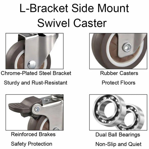 Image showing components of 8 Pack 360 Degree Lockable Swivel Caster Wheels, including chrome bracket, rubber casters, and ball bearings.