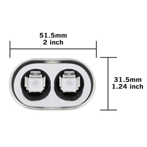 5uF Run Start Capacitor for HVAC Systems, 370/440VAC, 50/60Hz Oval CBB65A, 5 MFD Drop In Replacement for Air Conditioners, Pool Pumps, Fans and Condensers for Home or Commercial Use; 51.5mm x 31.5mm oval capacitor top view