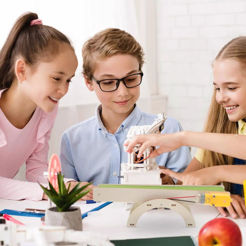Kids assembling DIY Electric Conveyor Belt Kit For Kids Hands On STEM Learning, 2 Piece Educational Model For Preschool And Classroom Use
