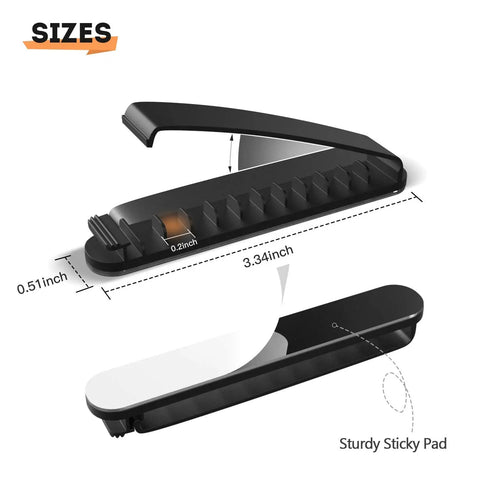 Three Pack Cable Clips Cord Organizer showing dimensions and sticky pad, black, with eleven slots per pack for cables.