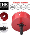 Close-up of a red bi-metal hole saw cutter with sharp teeth, labeled 'easy to operate,' part of the Bi Metal Hole Saw Set M42 HSS Ten Diameters 75mm Through 120mm.