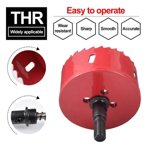 Close-up of a red bi-metal hole saw cutter with sharp teeth, labeled 'easy to operate,' part of the Bi Metal Hole Saw Set M42 HSS Ten Diameters 75mm Through 120mm.