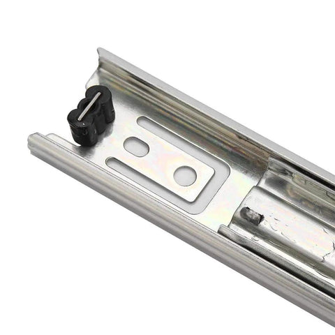 Close-up of Two Pack Five Inch Soft Close Drawer Slides Featuring Heavy Duty Steel Rails With Slick Ball Bearing Glide For Easy Side Mount Cabinet Install.