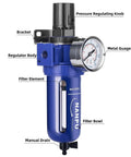 Front view of Three Eighths Inch NPT Air Filter Regulator With Five Micron Brass Element 0 To 150 Psi Gauge showing labeled parts.