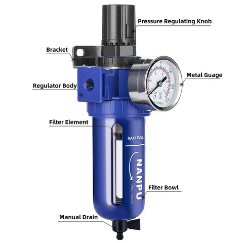 Front view of Three Eighths Inch NPT Air Filter Regulator With Five Micron Brass Element 0 To 150 Psi Gauge showing labeled parts.