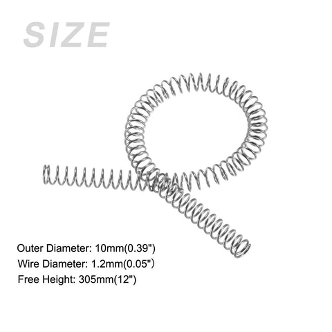 Extension spring, 10mm outer diameter, 1.2mm wire, 305mm free length, stainless steel silver tone