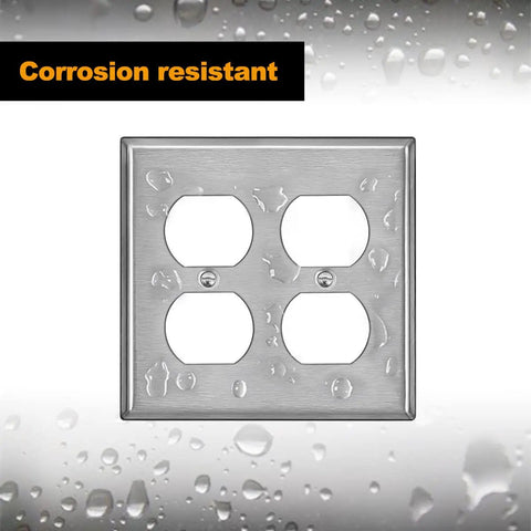 5 Pack 2 Gang Duplex Stainless Steel Wall Plate With Protective Film For Easy Removal, Standard Size, Built To Last Corrosion Resistant Metal Outlet Cover, Industrial Grade Brushed Finish, Silver showing corrosion resistance