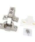 35mm Short Arm Inset Hinges Featuring Breezy Soft Close Hydraulic Damper For Hidden Cabinet And Wardrobe Doors, silver zinc alloy hinge and mounting plate.